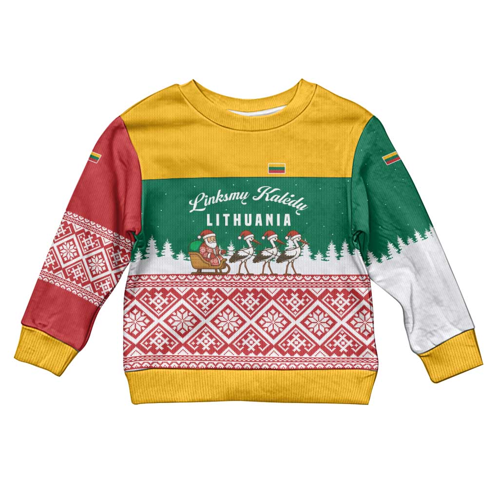 Lithuania Christmas Kid Ugly Christmas Sweater with Santa Sleigh Pulled by Storks and Folk Pattern Design - Wonder Print Shop