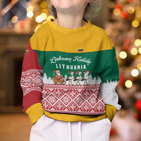 Lithuania Christmas Kid Ugly Christmas Sweater with Santa Sleigh Pulled by Storks and Folk Pattern Design - Wonder Print Shop