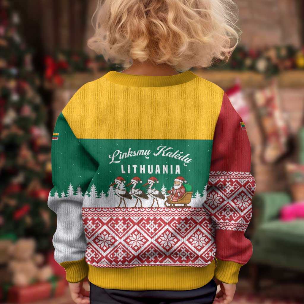 Lithuania Christmas Kid Ugly Christmas Sweater with Santa Sleigh Pulled by Storks and Folk Pattern Design - Wonder Print Shop