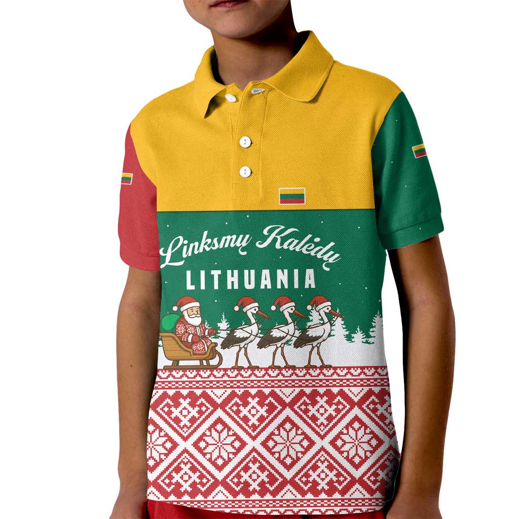 Lithuania Christmas Kid Polo Shirt with Santa Sleigh Pulled by Storks and Folk Pattern Design - Wonder Print Shop