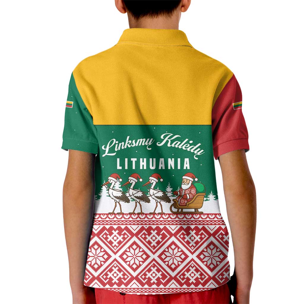 Lithuania Christmas Kid Polo Shirt with Santa Sleigh Pulled by Storks and Folk Pattern Design - Wonder Print Shop