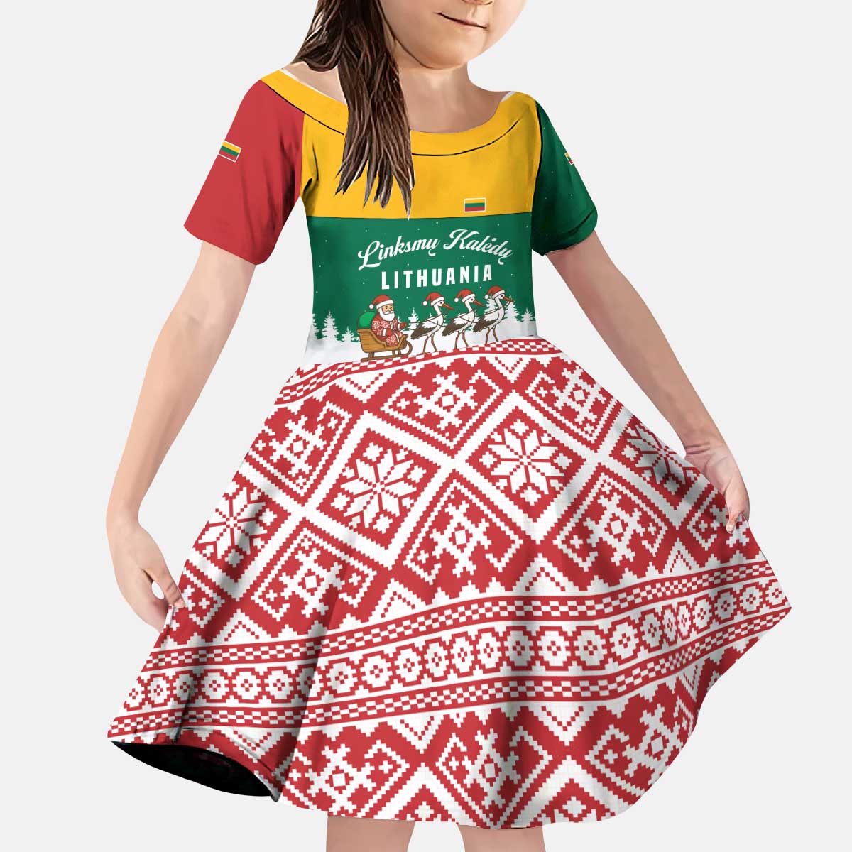 Lithuania Christmas Kid Short Sleeve Dress with Santa Sleigh Pulled by Storks and Folk Pattern Design - Wonder Print Shop