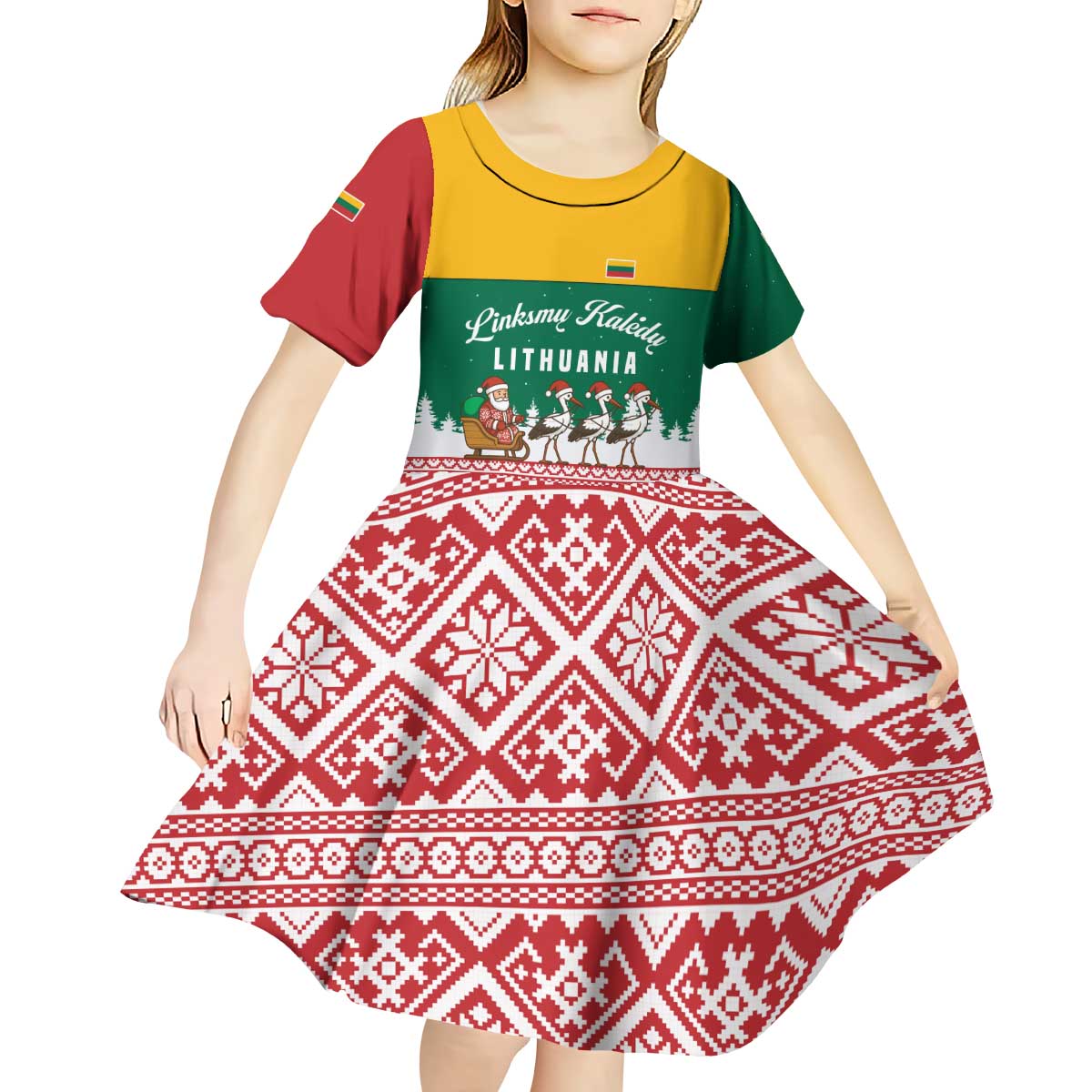 Lithuania Christmas Kid Short Sleeve Dress with Santa Sleigh Pulled by Storks and Folk Pattern Design - Wonder Print Shop