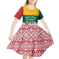 Lithuania Christmas Kid Short Sleeve Dress with Santa Sleigh Pulled by Storks and Folk Pattern Design - Wonder Print Shop