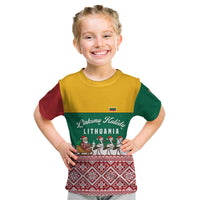 Lithuania Christmas Kid T Shirt with Santa Sleigh Pulled by Storks and Folk Pattern Design - Wonder Print Shop