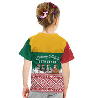 Lithuania Christmas Kid T Shirt with Santa Sleigh Pulled by Storks and Folk Pattern Design - Wonder Print Shop