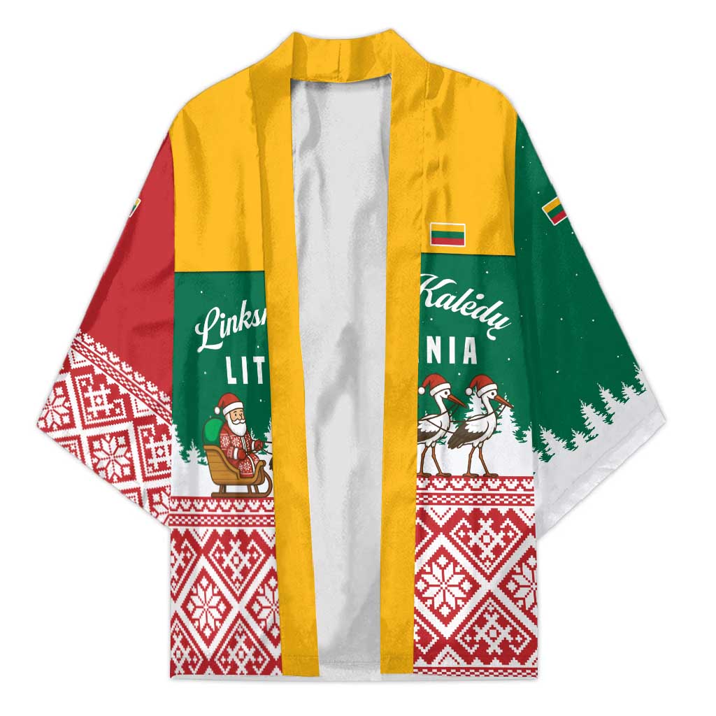 Lithuania Christmas Kimono with Santa Sleigh Pulled by Storks and Folk Pattern Design - Wonder Print Shop