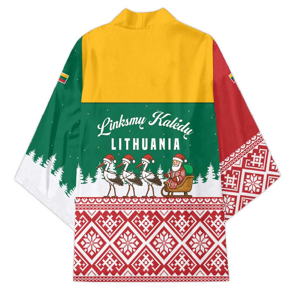 Lithuania Christmas Kimono with Santa Sleigh Pulled by Storks and Folk Pattern Design - Wonder Print Shop