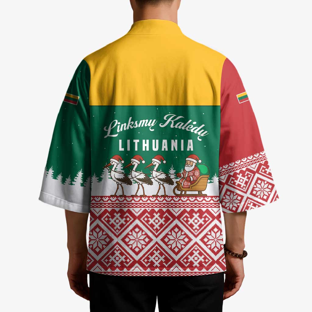 Lithuania Christmas Kimono with Santa Sleigh Pulled by Storks and Folk Pattern Design - Wonder Print Shop