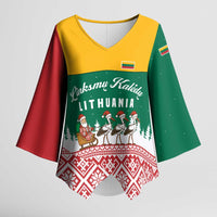 Lithuania Christmas Kimono Sleeve Blouse with Santa Sleigh Pulled by Storks and Folk Pattern Design - Wonder Print Shop