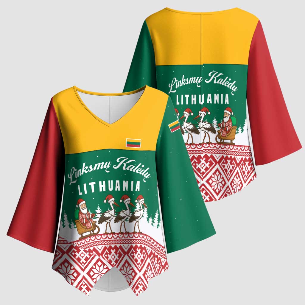 Lithuania Christmas Kimono Sleeve Blouse with Santa Sleigh Pulled by Storks and Folk Pattern Design - Wonder Print Shop