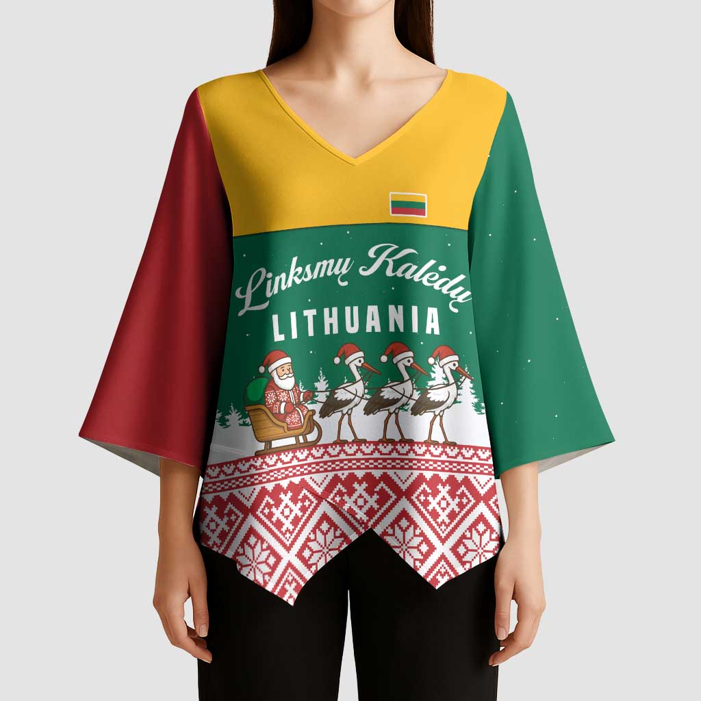 Lithuania Christmas Kimono Sleeve Blouse with Santa Sleigh Pulled by Storks and Folk Pattern Design - Wonder Print Shop