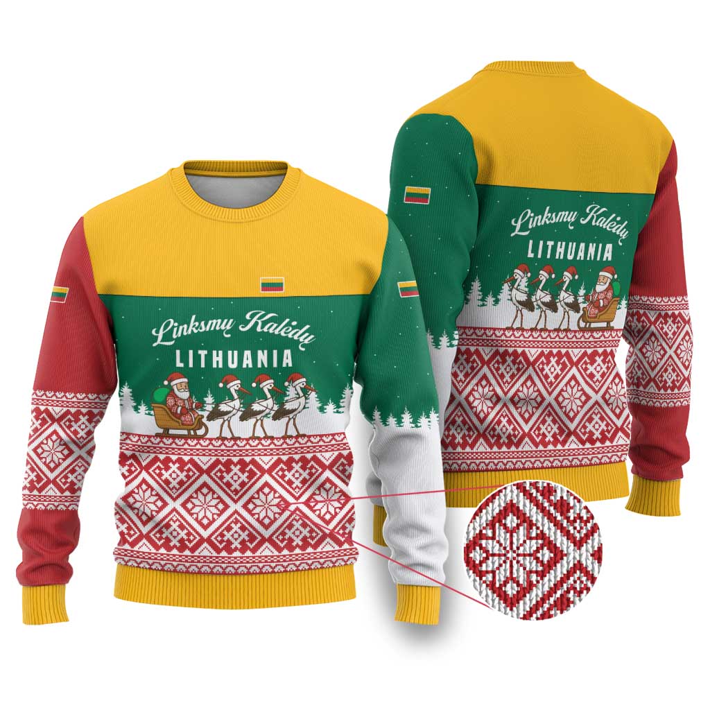 Lithuania Christmas Ugly Christmas Sweater with Santa Sleigh Pulled by Storks and Folk Pattern Design - Wonder Print Shop