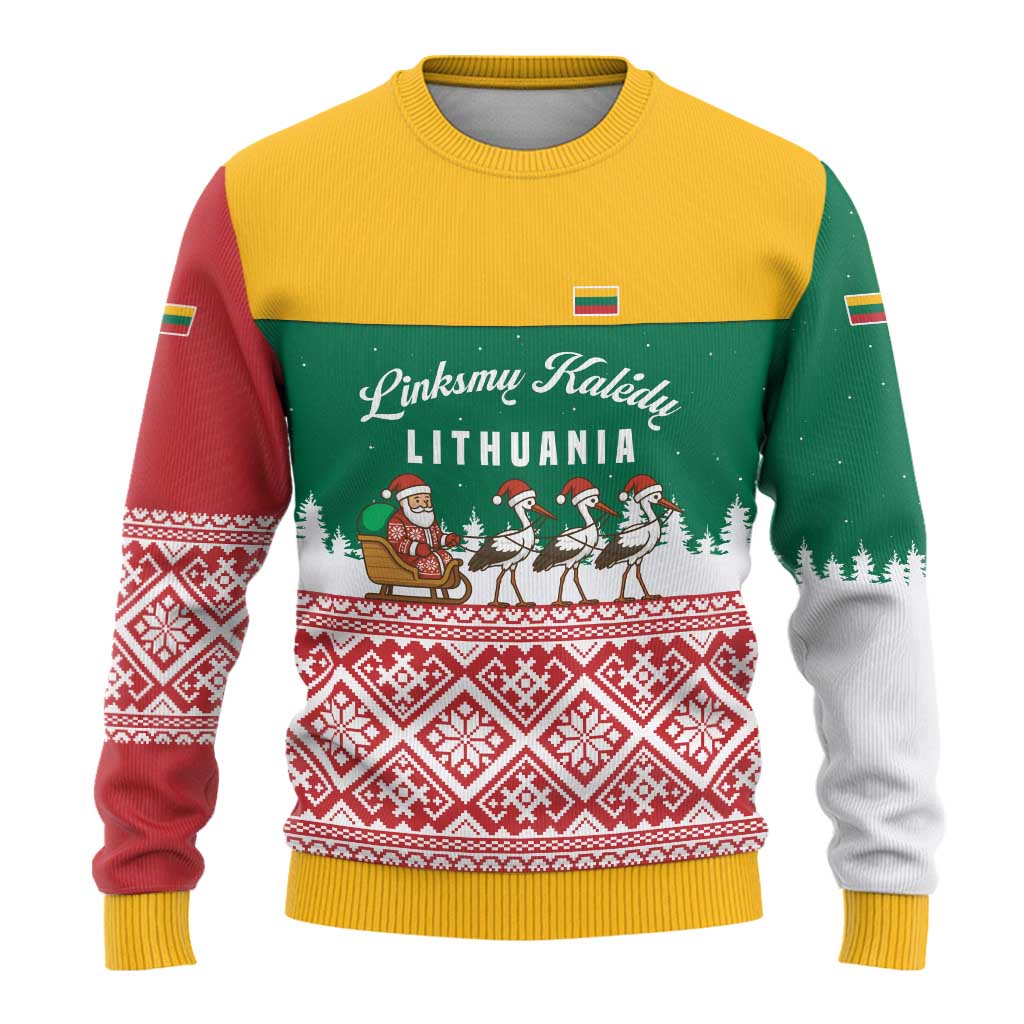 Lithuania Christmas Ugly Christmas Sweater with Santa Sleigh Pulled by Storks and Folk Pattern Design - Wonder Print Shop