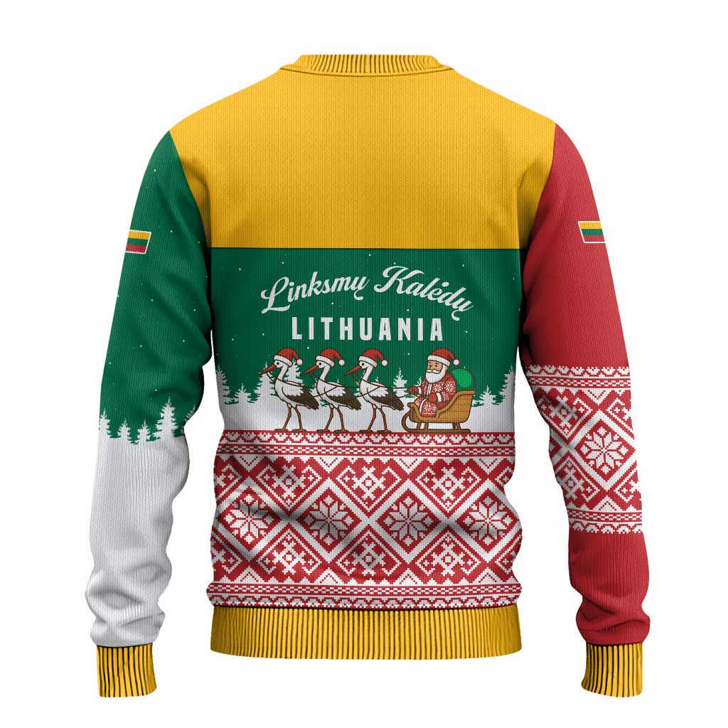 Lithuania Christmas Ugly Christmas Sweater with Santa Sleigh Pulled by Storks and Folk Pattern Design - Wonder Print Shop