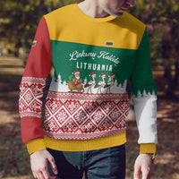 Lithuania Christmas Ugly Christmas Sweater with Santa Sleigh Pulled by Storks and Folk Pattern Design - Wonder Print Shop