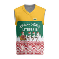 Lithuania Christmas Knitted V-Neck Vest with Santa Sleigh Pulled by Storks and Folk Pattern Design - Wonder Print Shop