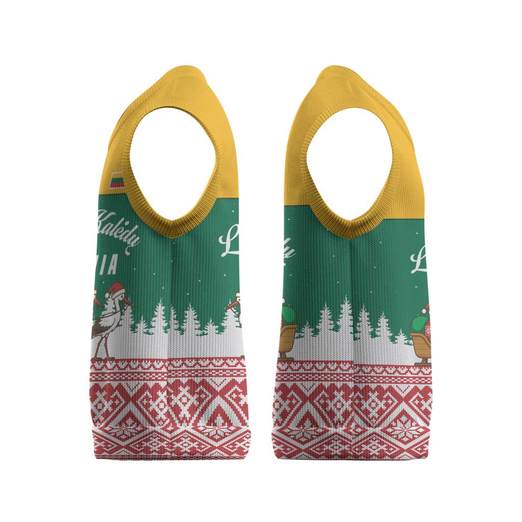 Lithuania Christmas Knitted V-Neck Vest with Santa Sleigh Pulled by Storks and Folk Pattern Design - Wonder Print Shop