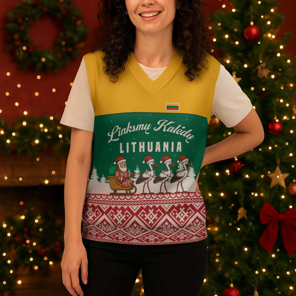 Lithuania Christmas Knitted V-Neck Vest with Santa Sleigh Pulled by Storks and Folk Pattern Design - Wonder Print Shop