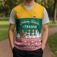 Lithuania Christmas Knitted V-Neck Vest with Santa Sleigh Pulled by Storks and Folk Pattern Design - Wonder Print Shop
