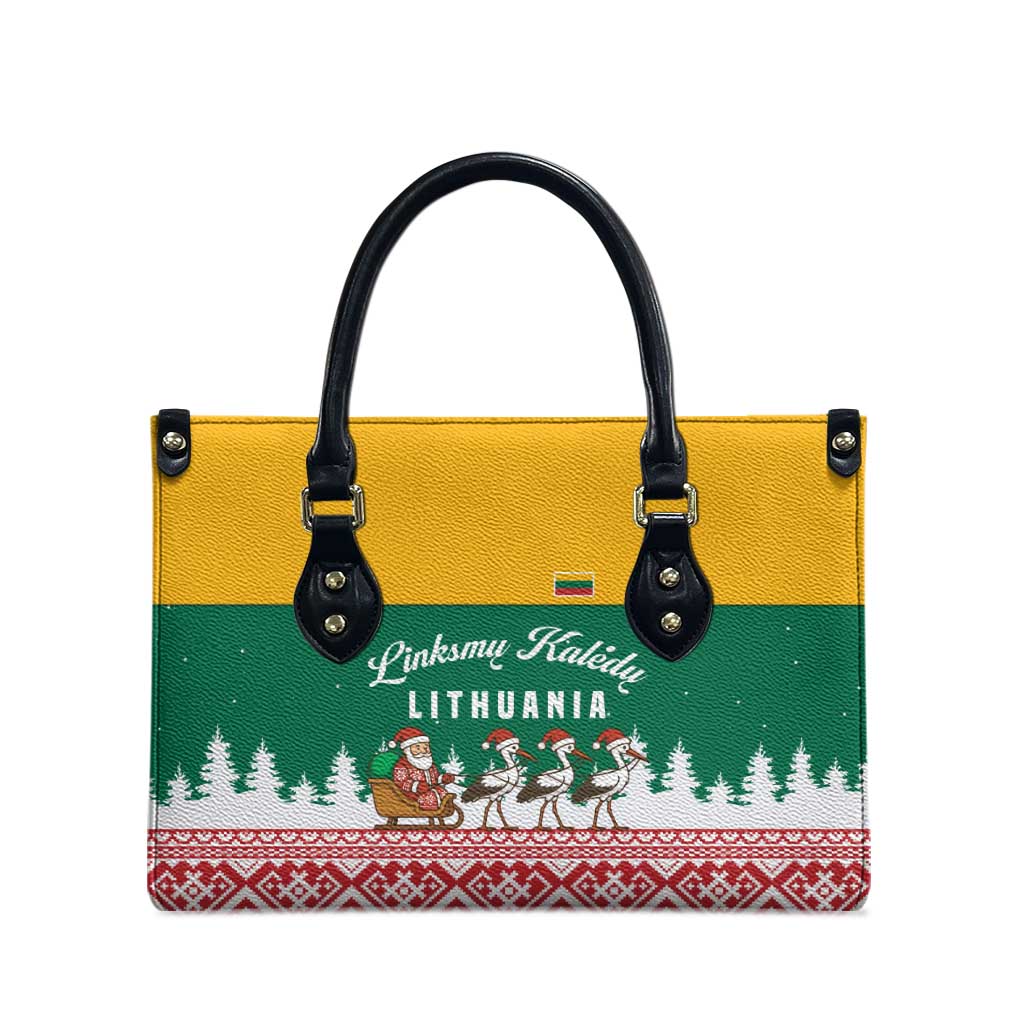 Lithuania Christmas Leather Bag with Santa Sleigh Pulled by Storks and Folk Pattern Design - Wonder Print Shop