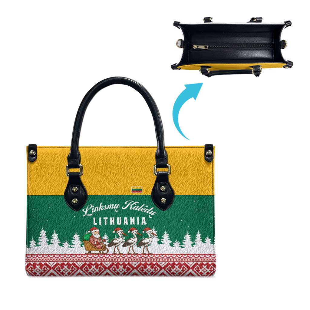 Lithuania Christmas Leather Bag with Santa Sleigh Pulled by Storks and Folk Pattern Design - Wonder Print Shop