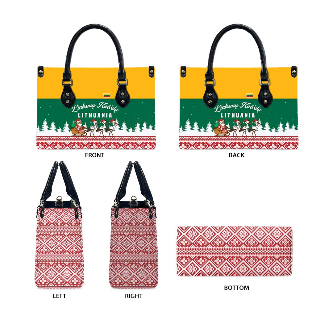 Lithuania Christmas Leather Bag with Santa Sleigh Pulled by Storks and Folk Pattern Design - Wonder Print Shop