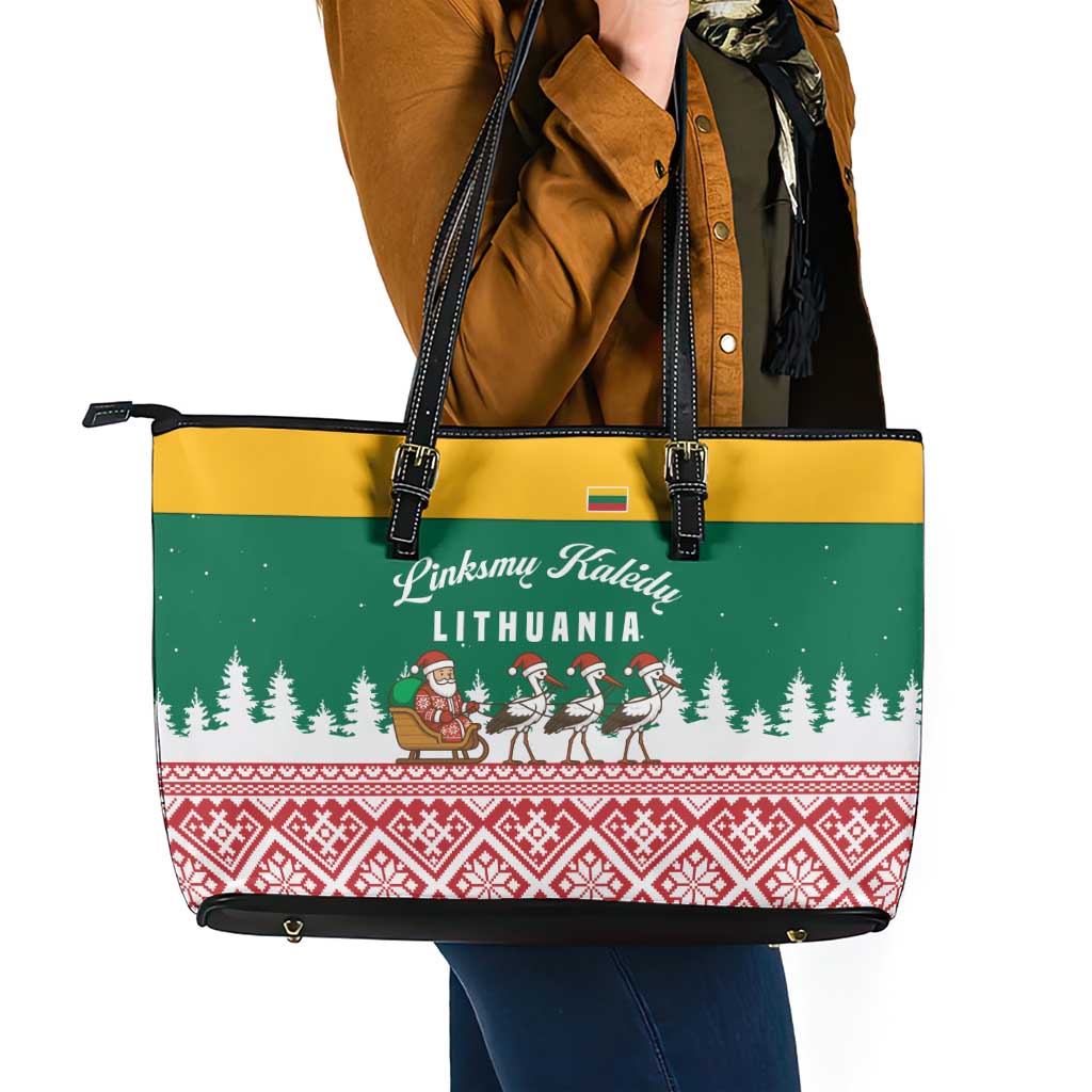 Lithuania Christmas Leather Tote Bag with Santa Sleigh Pulled by Storks and Folk Pattern Design - Wonder Print Shop