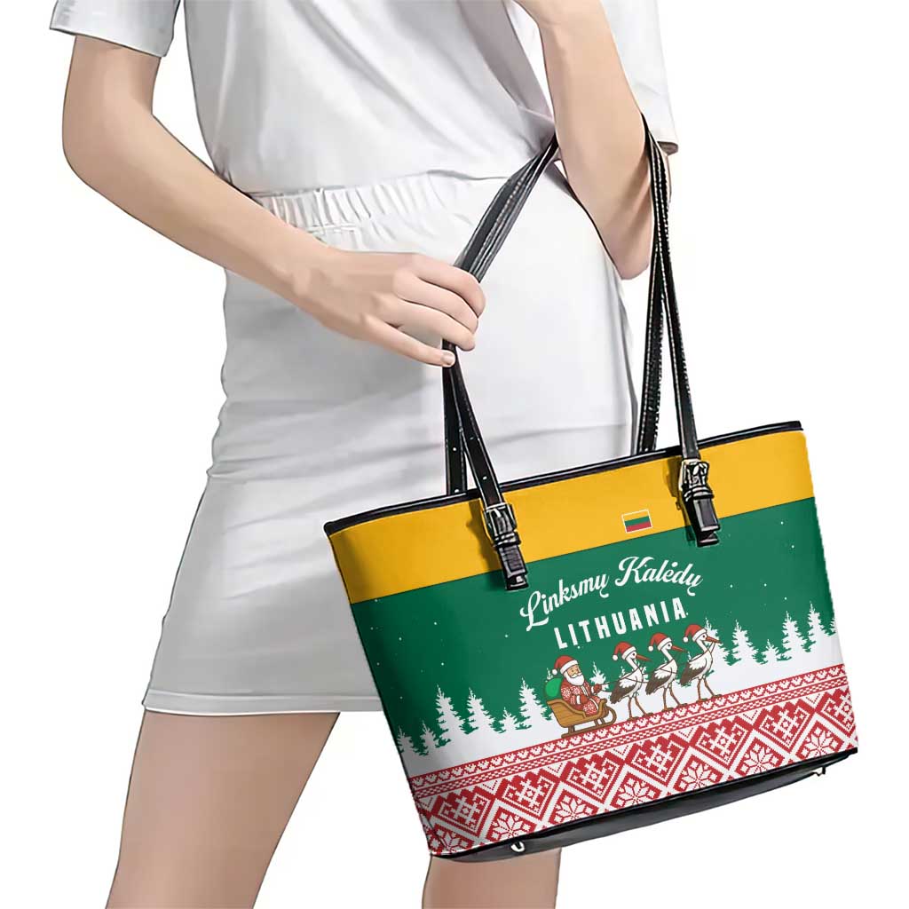 Lithuania Christmas Leather Tote Bag with Santa Sleigh Pulled by Storks and Folk Pattern Design - Wonder Print Shop