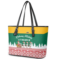 Lithuania Christmas Leather Tote Bag with Santa Sleigh Pulled by Storks and Folk Pattern Design - Wonder Print Shop
