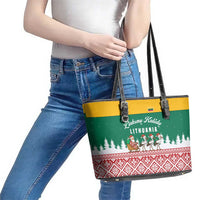 Lithuania Christmas Leather Tote Bag with Santa Sleigh Pulled by Storks and Folk Pattern Design - Wonder Print Shop