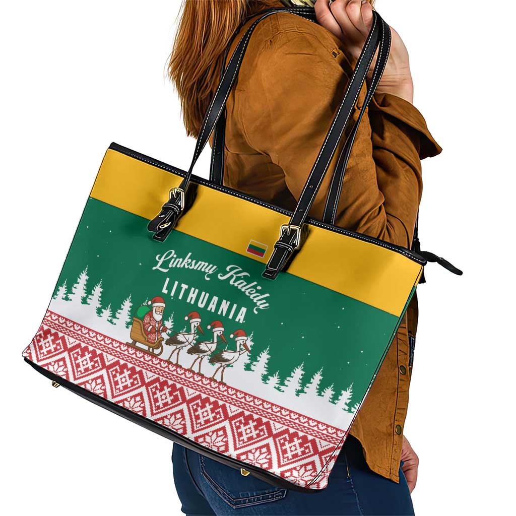 Lithuania Christmas Leather Tote Bag with Santa Sleigh Pulled by Storks and Folk Pattern Design - Wonder Print Shop