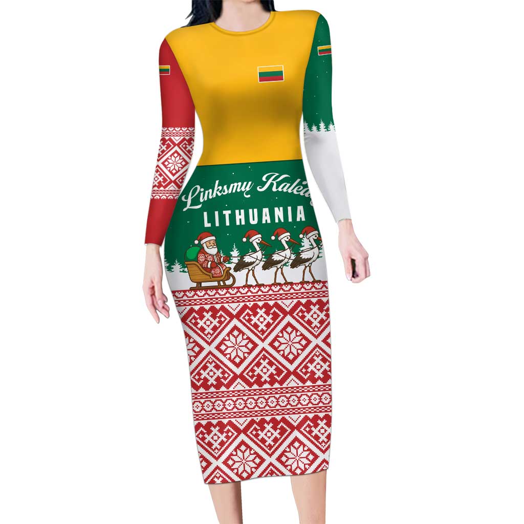 Lithuania Christmas Long Sleeve Bodycon Dress with Santa Sleigh Pulled by Storks and Folk Pattern Design - Wonder Print Shop