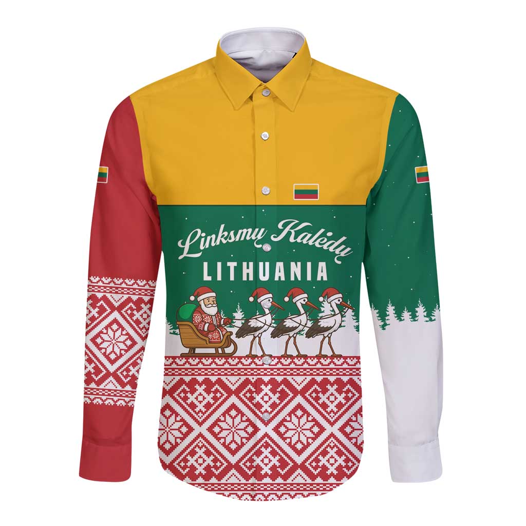 Lithuania Christmas Long Sleeve Button Shirt with Santa Sleigh Pulled by Storks and Folk Pattern Design - Wonder Print Shop