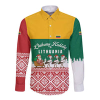 Lithuania Christmas Long Sleeve Button Shirt with Santa Sleigh Pulled by Storks and Folk Pattern Design - Wonder Print Shop