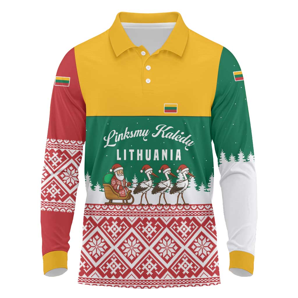 Lithuania Christmas Long Sleeve Polo Shirt with Santa Sleigh Pulled by Storks and Folk Pattern Design - Wonder Print Shop