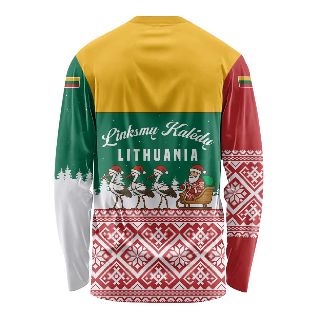 Lithuania Christmas Long Sleeve Shirt with Santa Sleigh Pulled by Storks and Folk Pattern Design - Wonder Print Shop