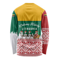 Lithuania Christmas Long Sleeve Shirt with Santa Sleigh Pulled by Storks and Folk Pattern Design - Wonder Print Shop