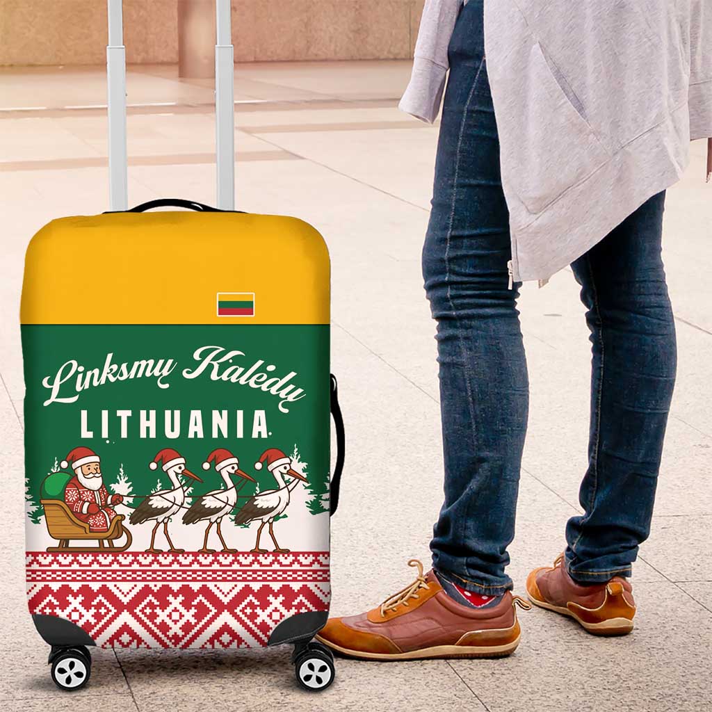 Lithuania Christmas Luggage Cover with Santa Sleigh Pulled by Storks and Folk Pattern Design - Wonder Print Shop