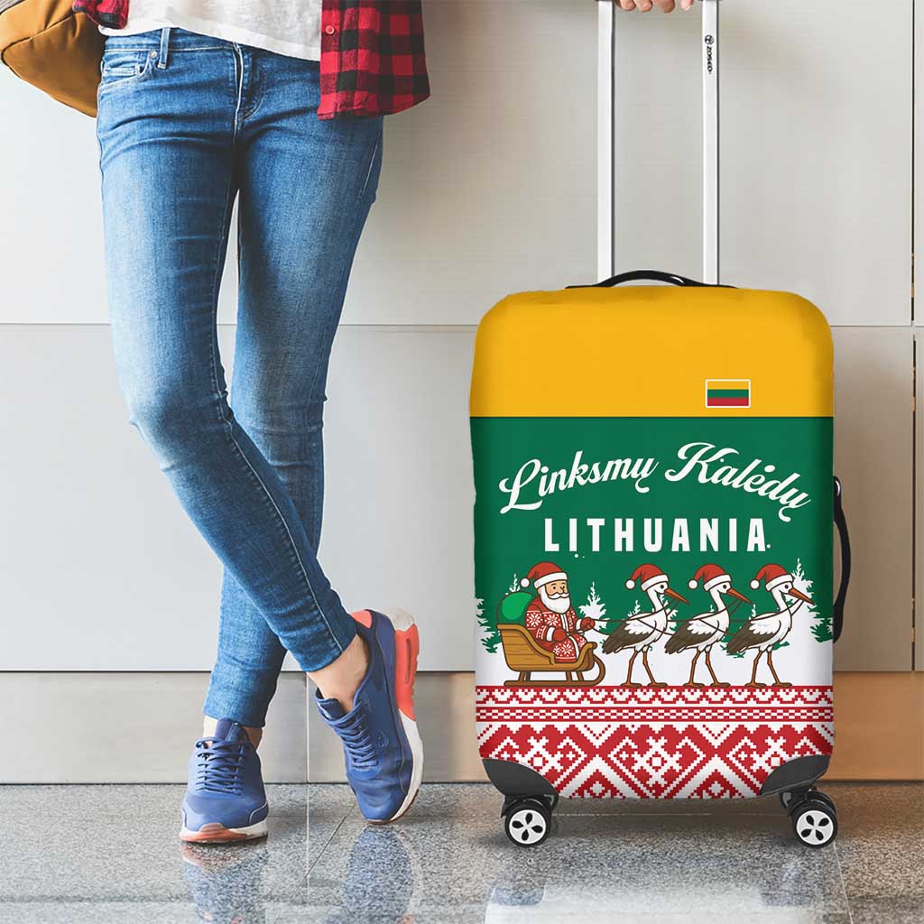 Lithuania Christmas Luggage Cover with Santa Sleigh Pulled by Storks and Folk Pattern Design - Wonder Print Shop