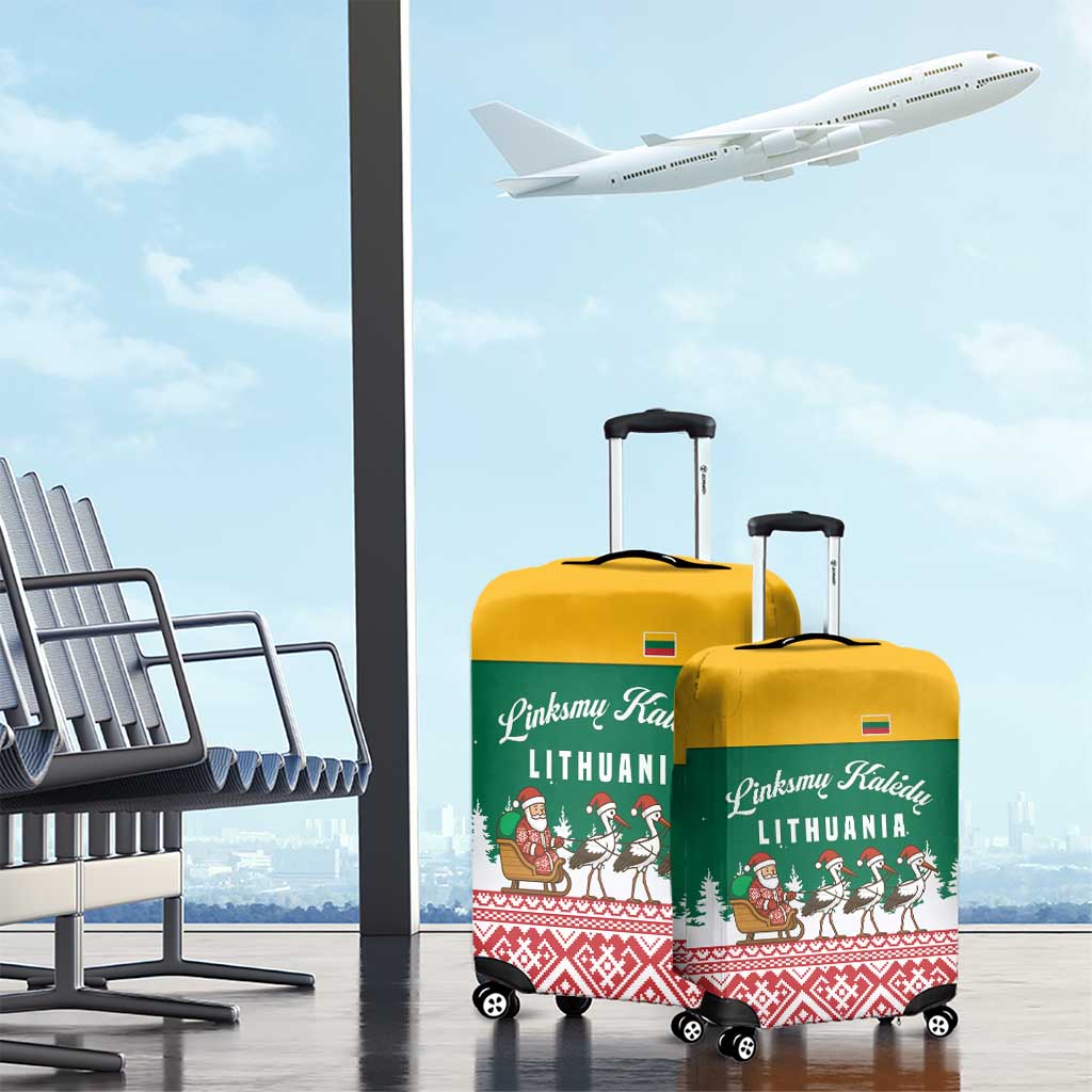Lithuania Christmas Luggage Cover with Santa Sleigh Pulled by Storks and Folk Pattern Design - Wonder Print Shop