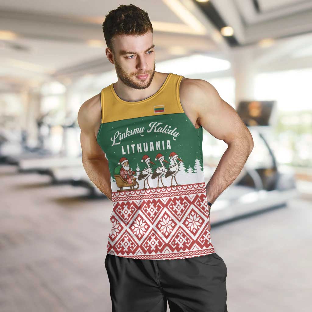 Lithuania Christmas Men Tank Top with Santa Sleigh Pulled by Storks and Folk Pattern Design - Wonder Print Shop