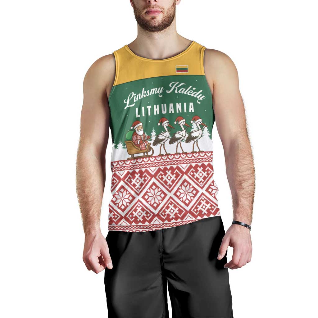 Lithuania Christmas Men Tank Top with Santa Sleigh Pulled by Storks and Folk Pattern Design - Wonder Print Shop