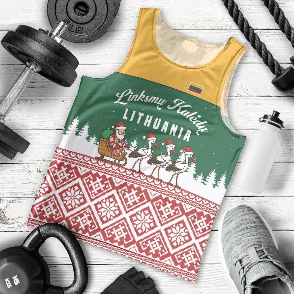 Lithuania Christmas Men Tank Top with Santa Sleigh Pulled by Storks and Folk Pattern Design - Wonder Print Shop