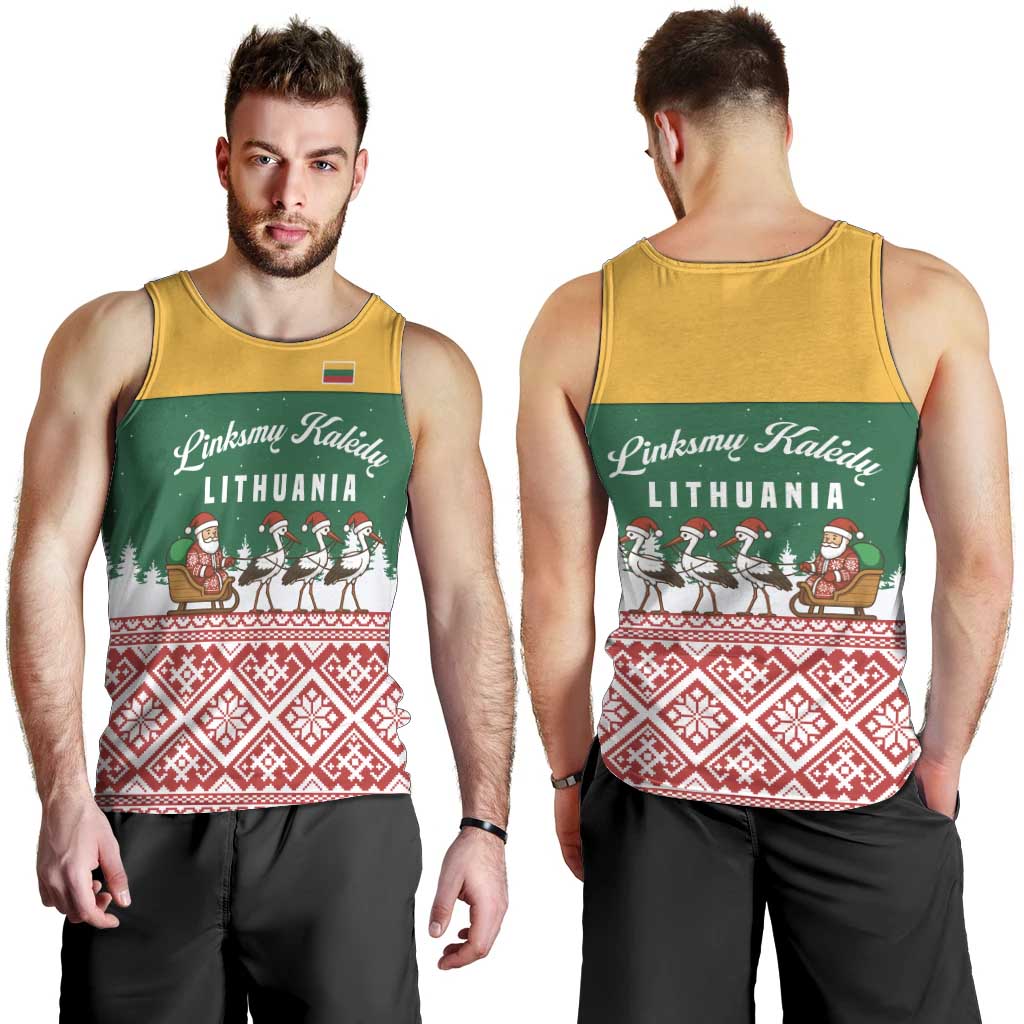 Lithuania Christmas Men Tank Top with Santa Sleigh Pulled by Storks and Folk Pattern Design - Wonder Print Shop
