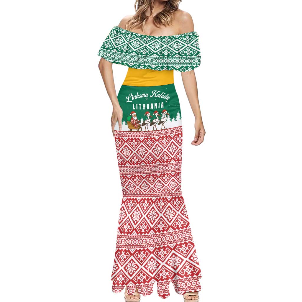 Lithuania Christmas Mermaid Dress with Santa Sleigh Pulled by Storks and Folk Pattern Design - Wonder Print Shop