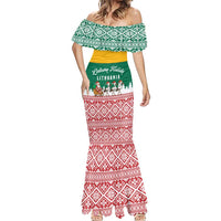 Lithuania Christmas Mermaid Dress with Santa Sleigh Pulled by Storks and Folk Pattern Design - Wonder Print Shop