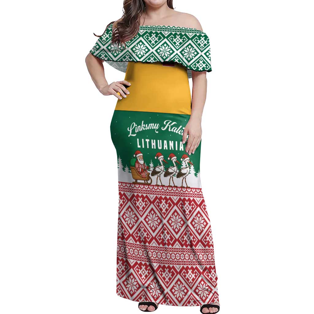 Lithuania Christmas Off Shoulder Maxi Dress with Santa Sleigh Pulled by Storks and Folk Pattern Design - Wonder Print Shop
