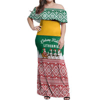 Lithuania Christmas Off Shoulder Maxi Dress with Santa Sleigh Pulled by Storks and Folk Pattern Design - Wonder Print Shop