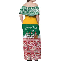 Lithuania Christmas Off Shoulder Maxi Dress with Santa Sleigh Pulled by Storks and Folk Pattern Design - Wonder Print Shop
